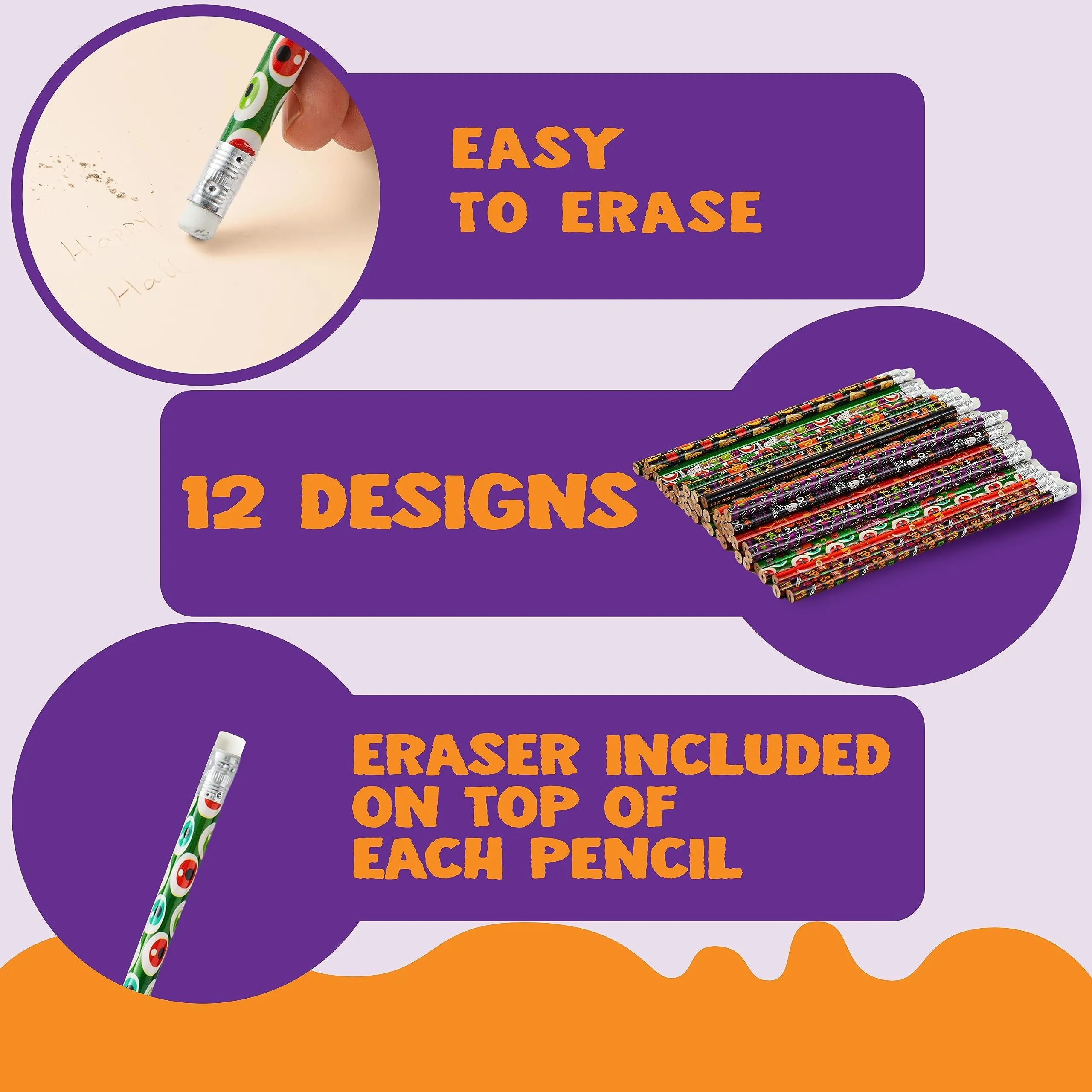 144 Pack Halloween Pencils with Erasers, 12 Unique Designs