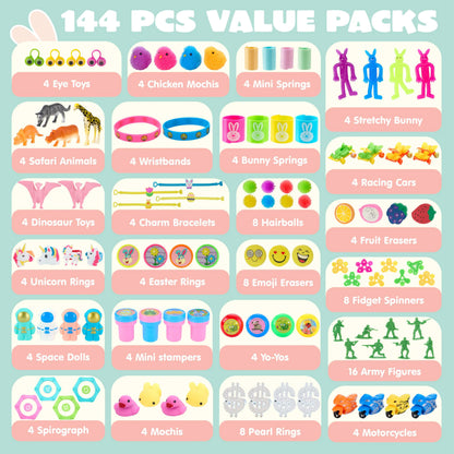 144 Prefilled Easter Eggs with Toys & Stickers for Egg Hunt, Party Favors & Classroom Prizes