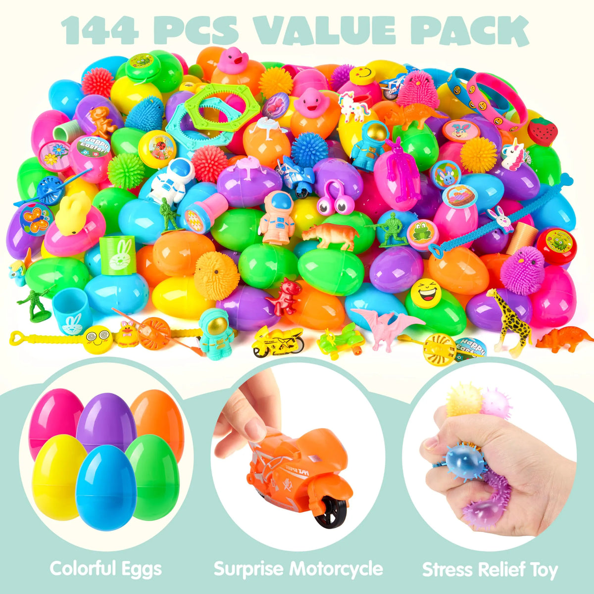 144 Prefilled Easter Eggs with Toys & Stickers for Egg Hunt, Party Favors & Classroom Prizes
