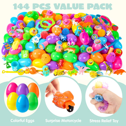 144 Prefilled Easter Eggs with Toys & Stickers for Egg Hunt, Party Favors & Classroom Prizes