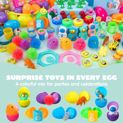 144 Prefilled Easter Eggs with Toys & Stickers for Egg Hunt, Party Favors & Classroom Prizes