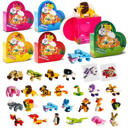 Animal Building Blocks Valentine's Heart Boxes Filled with Cards for Kids