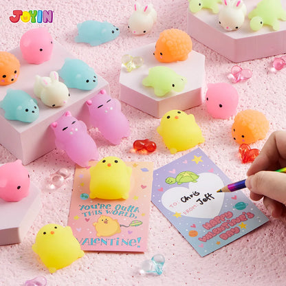 28-Pack Mochi Squishy Toys with Glow-in-the-Dark Valentine's Exchange Cards for Kids