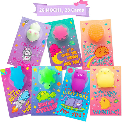 28-Pack Mochi Squishy Toys with Glow-in-the-Dark Valentine's Exchange Cards for Kids