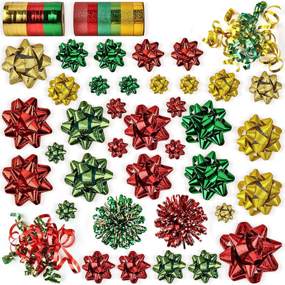 47-Pack Gift Wrap String and Bows in Red, Gold, Green