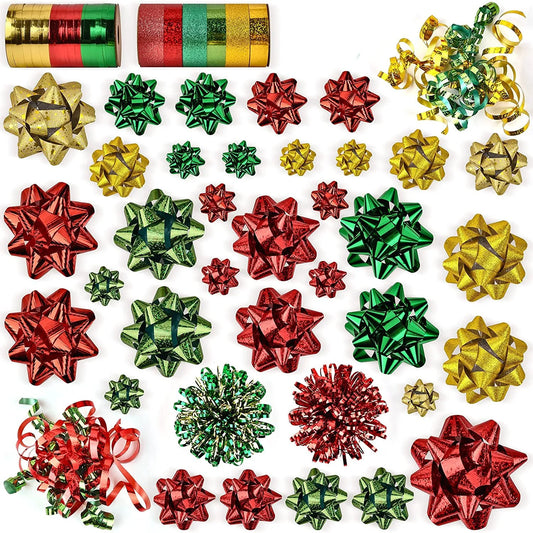 47-Pack Gift Wrap String and Bows in Red, Gold, Green