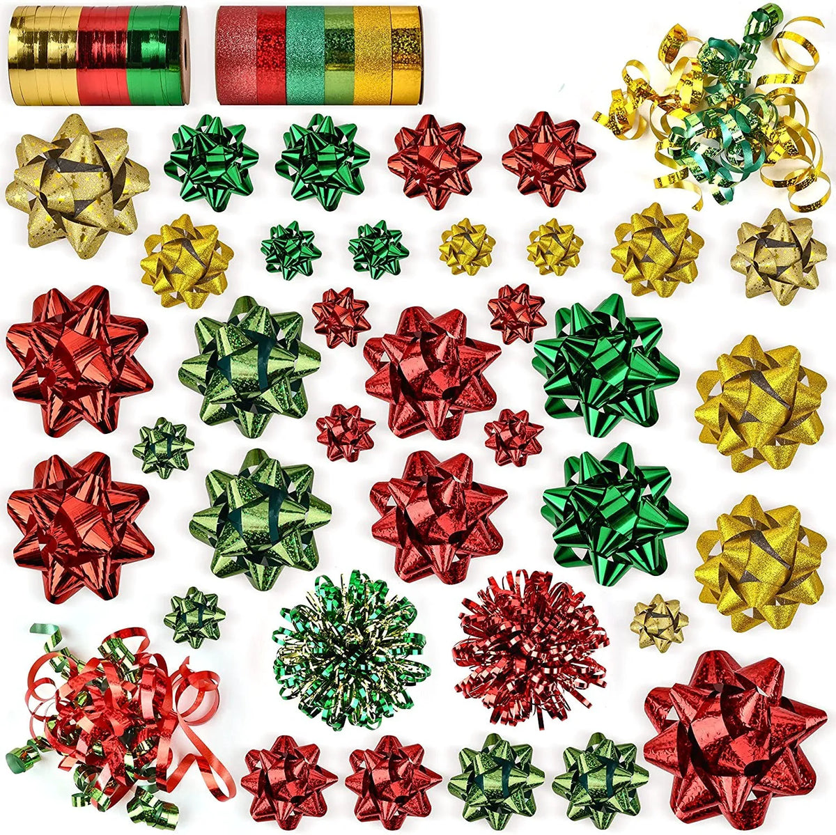 47-Pack Gift Wrap String and Bows in Red, Gold, Green