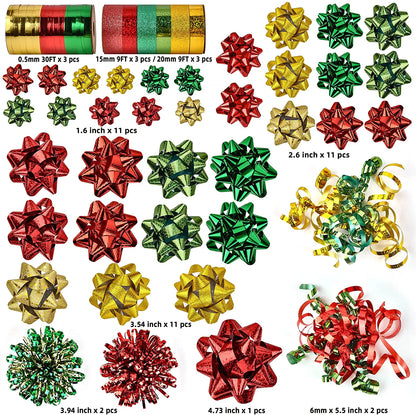 47-Pack Gift Wrap String and Bows in Red, Gold, Green