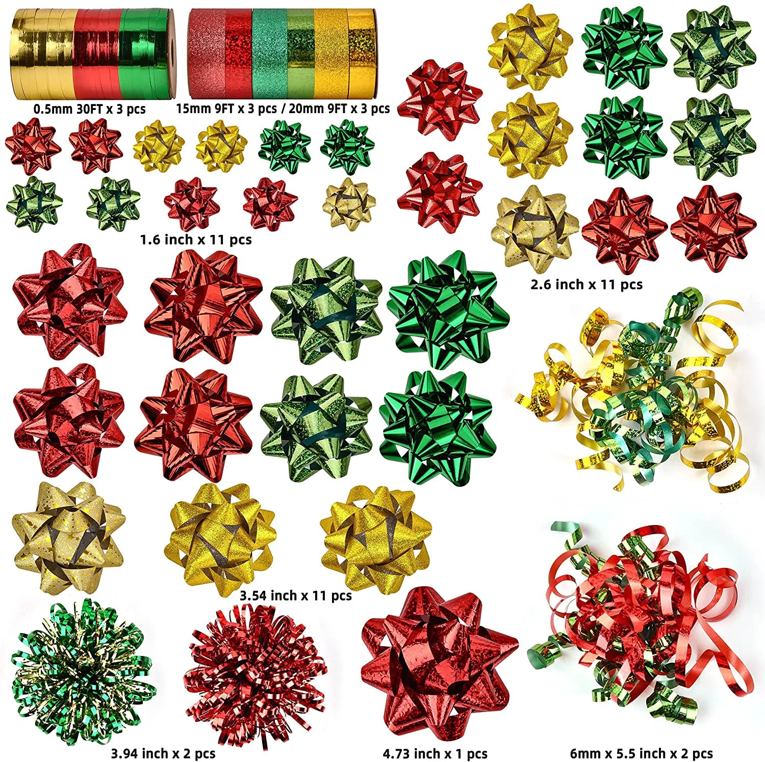 47-Pack Gift Wrap String and Bows in Red, Gold, Green