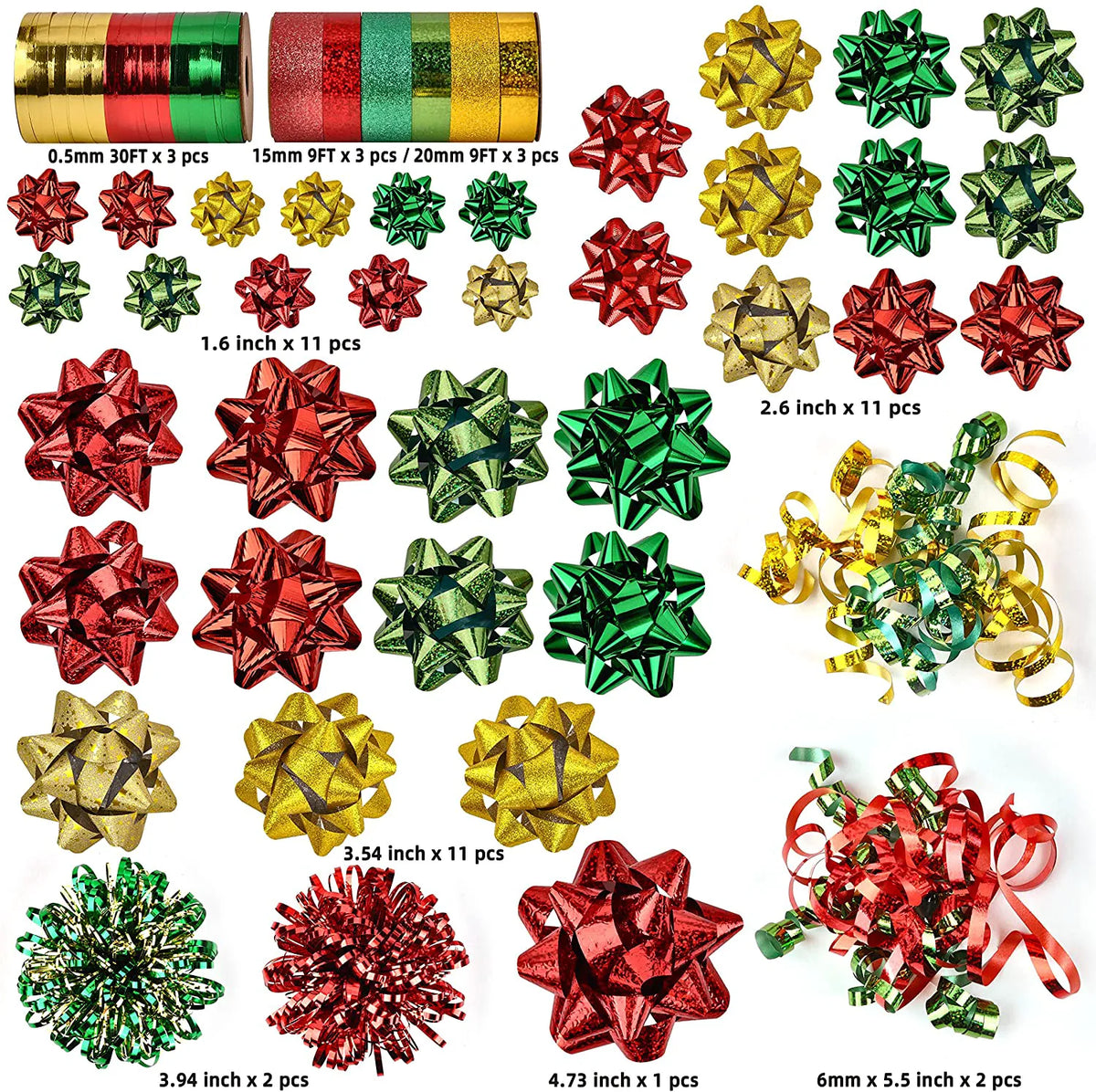 47-Pack Gift Wrap String and Bows in Red, Gold, Green