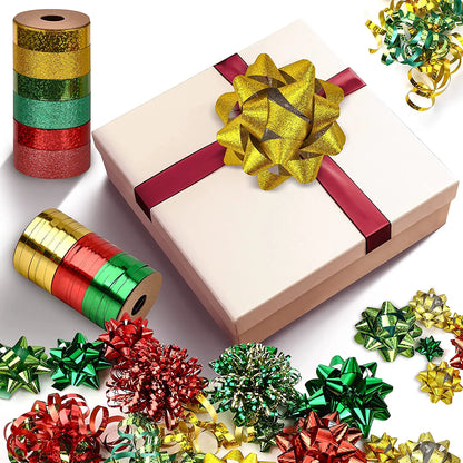 47-Pack Gift Wrap String and Bows in Red, Gold, Green
