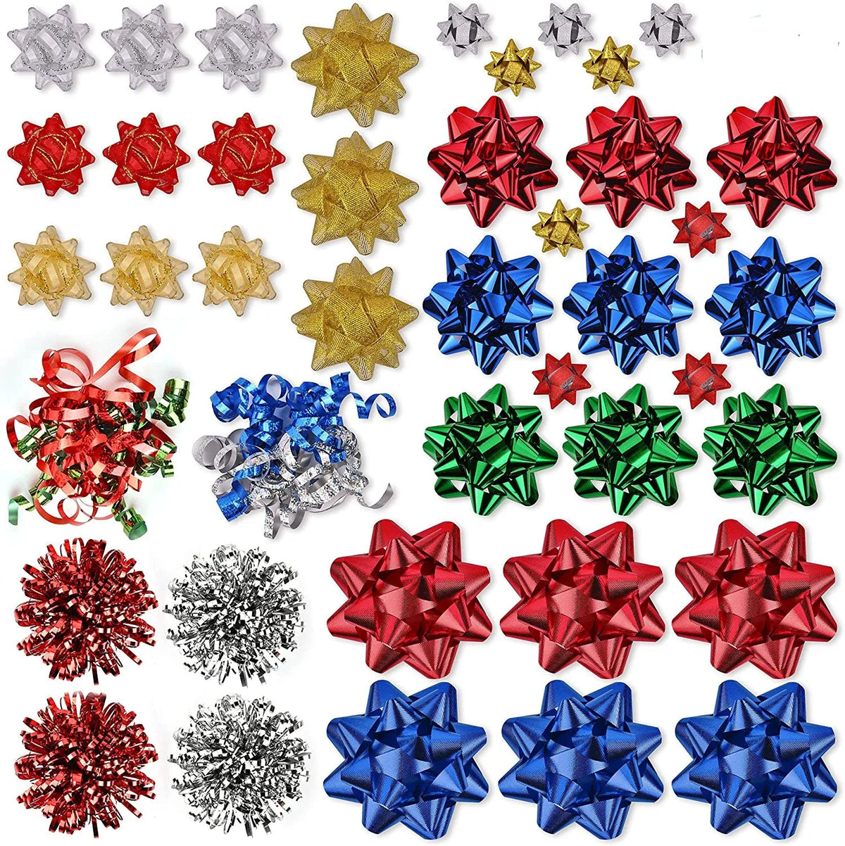 Assorted Bows - 42 Pack (White, Silver, Red, Gold, Green, Blue)