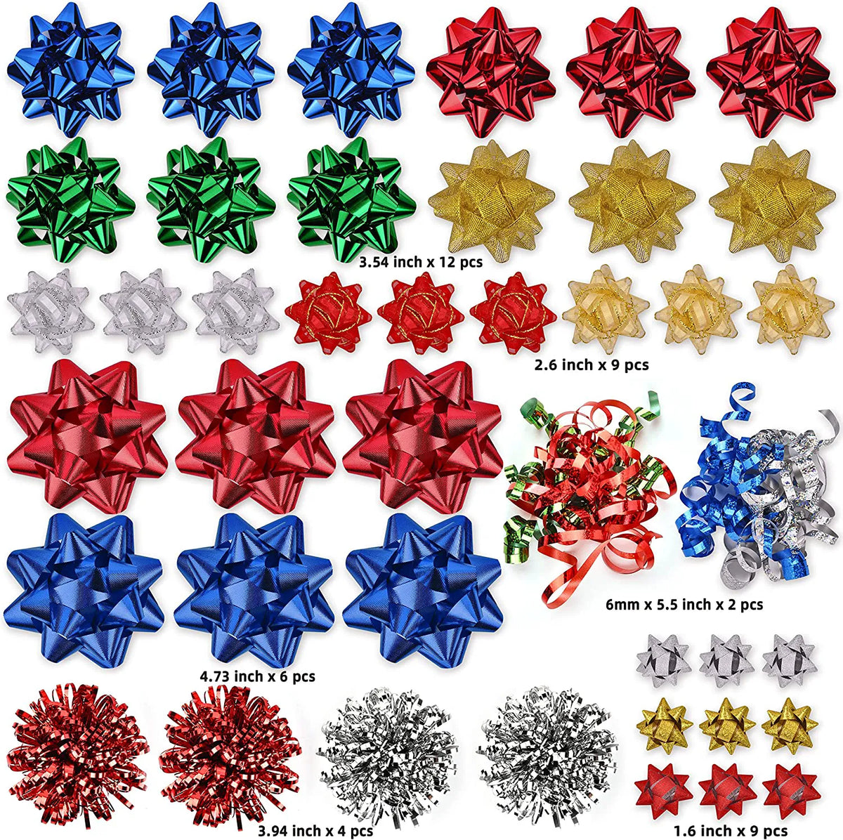 Assorted Bows - 42 Pack (White, Silver, Red, Gold, Green, Blue)