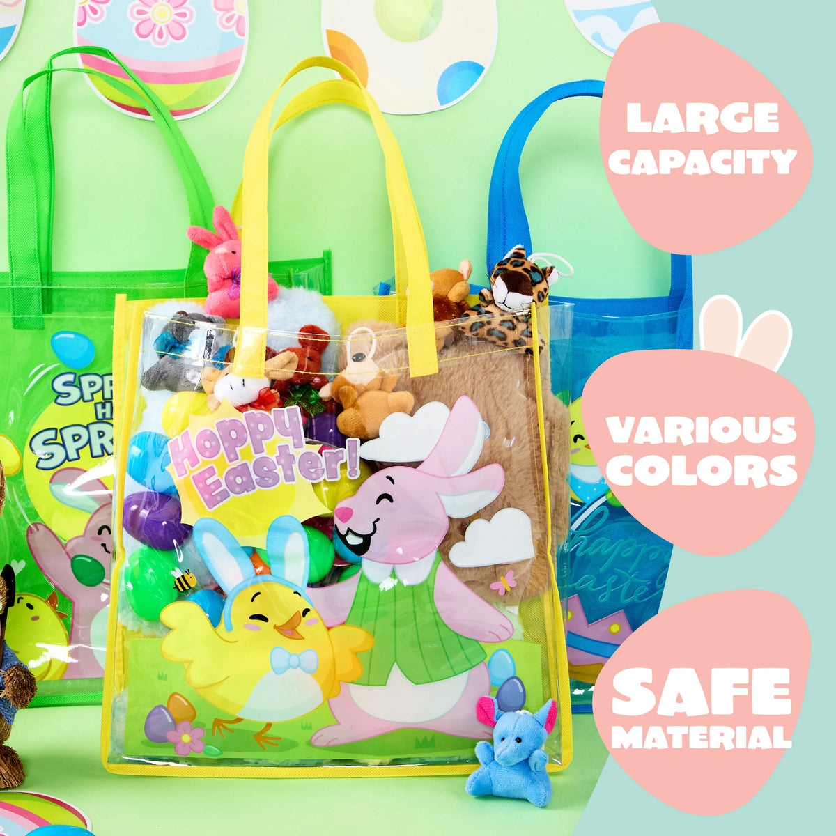 JOYIN 6 Pack Large Easter Bunny Gift Bags 13x13 Non-Woven Treat Bags for Kids Easter Party Supplies