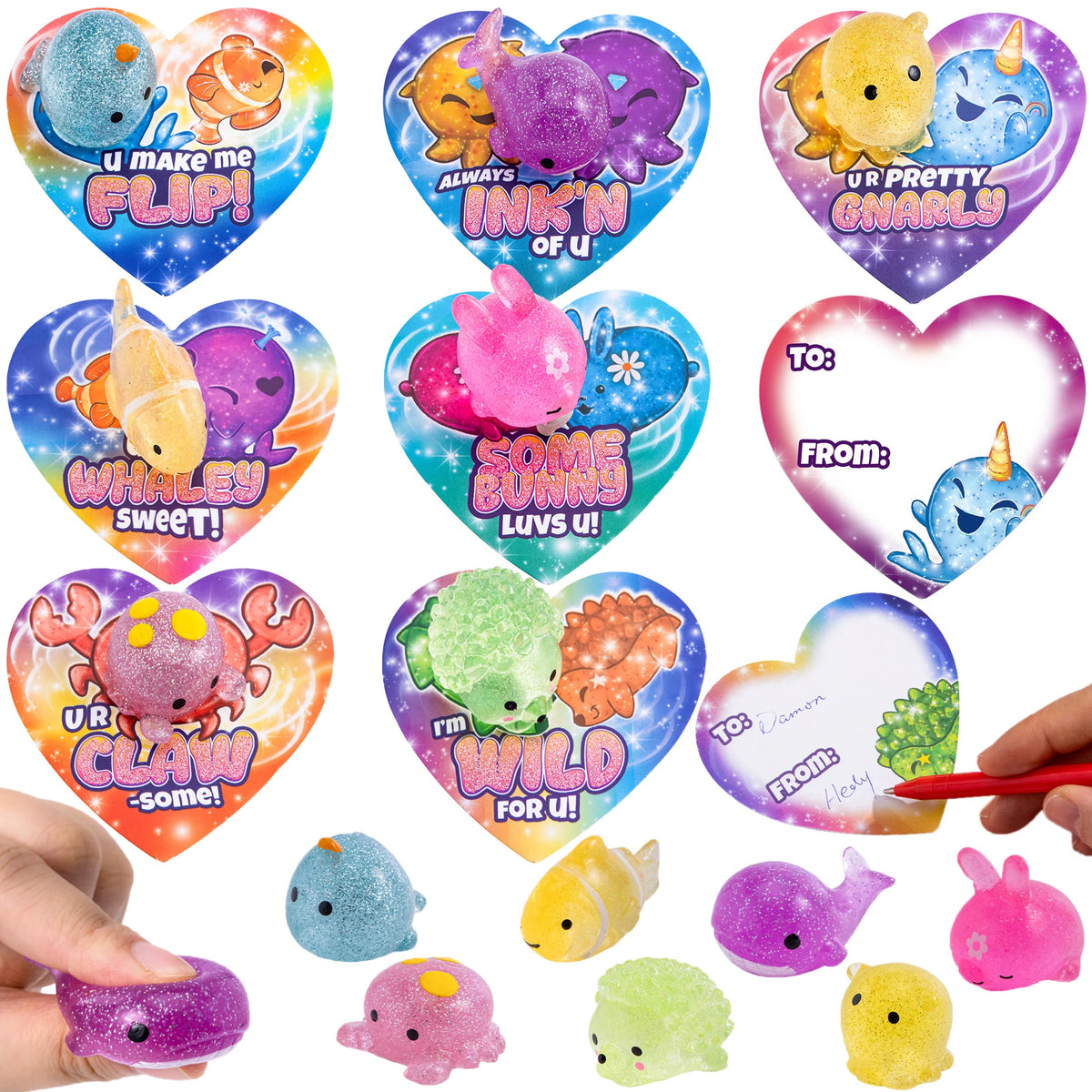 28 Glitter Mochi Squishy Toys with Valentine's Day Cards for Classroom Exchange