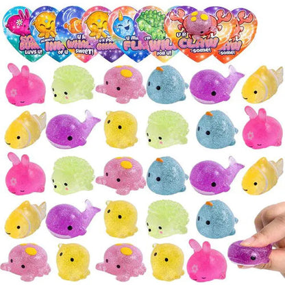 28 Glitter Mochi Squishy Toys with Valentine's Day Cards for Classroom Exchange