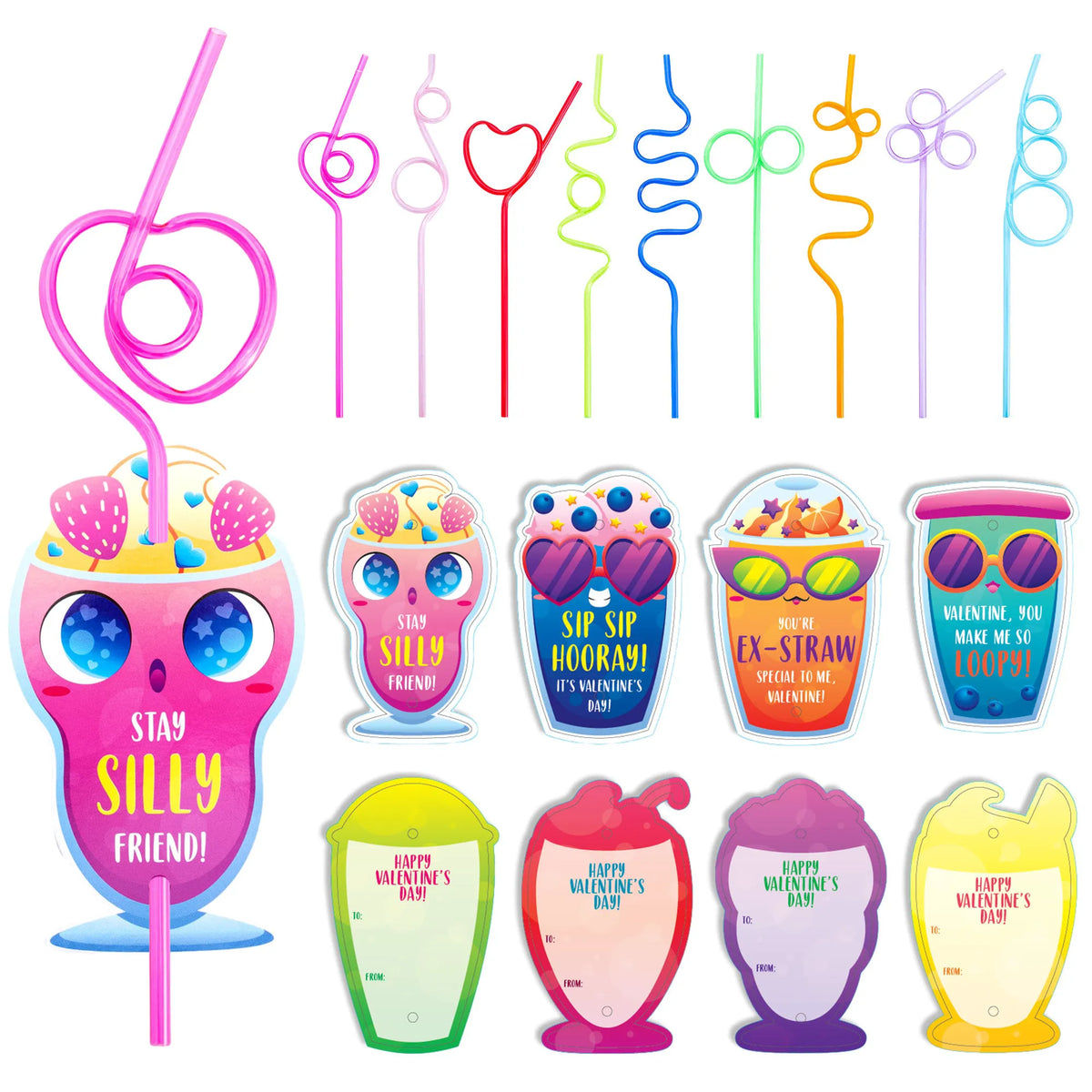 36 Drinking Straws with Kids Valentine's Cards for Valentine Party Favors