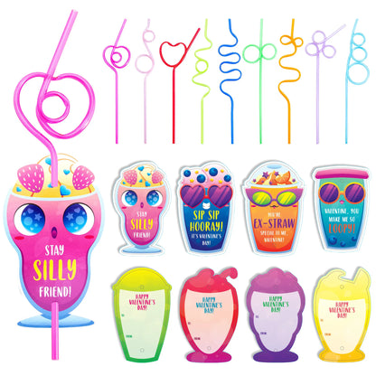 36 Drinking Straws with Kids Valentine's Cards for Valentine Party Favors