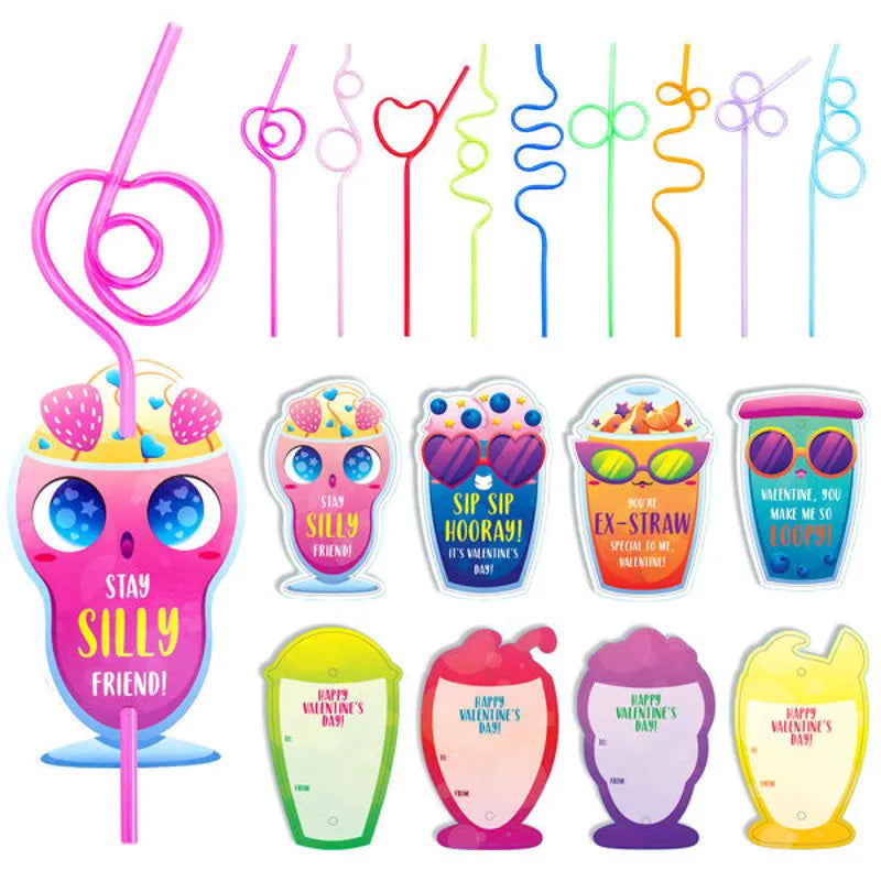 28 Reusable Drinking Straws with Kids Valentine's Cards for Valentine Party Favors