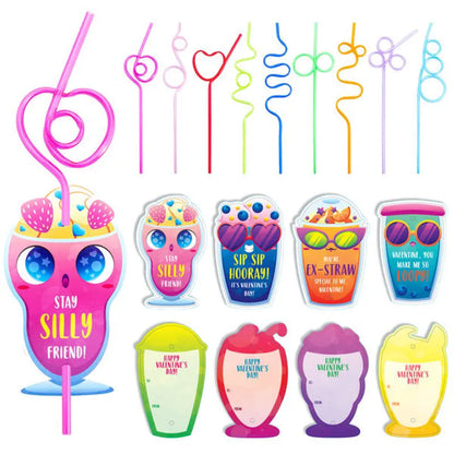 28 Reusable Drinking Straws with Kids Valentine's Cards for Valentine Party Favors