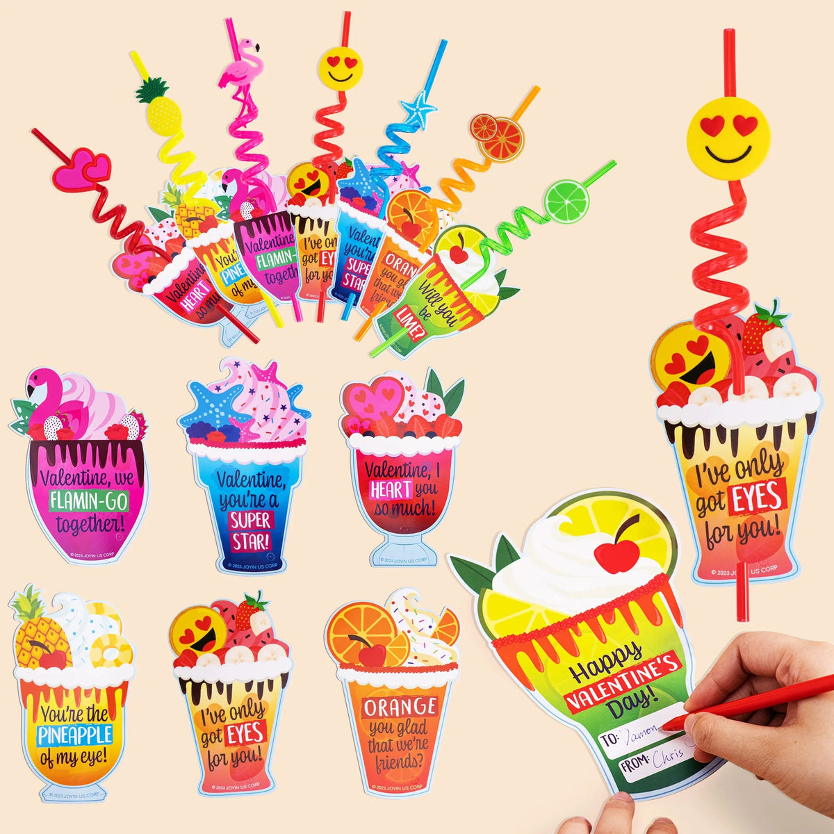 28 Reusable Drinking Straws with Kids Valentine's Cards for Valentine Party Favors