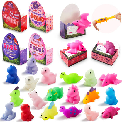28-Pack Dinosaur Mochi Squishy Toys with Valentine Cards for Kids