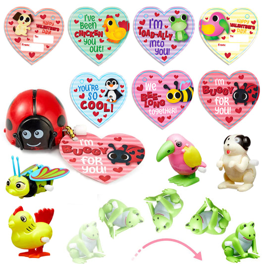 28 Pcs Wind Up Toys with Kids Valentine's Cards for Valentine Party Favors