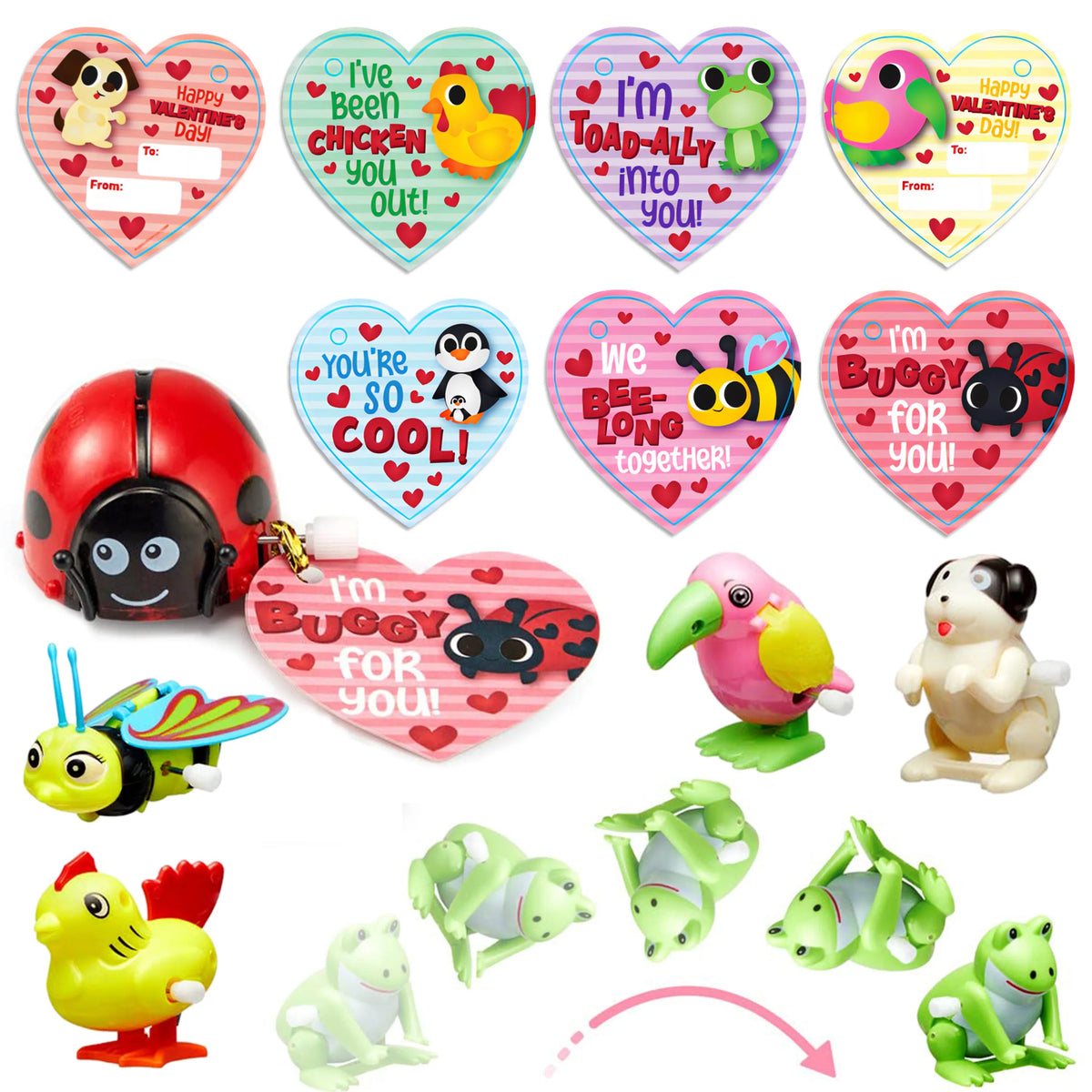 28 Pcs Wind Up Toys with Kids Valentine's Cards for Valentine Party Favors