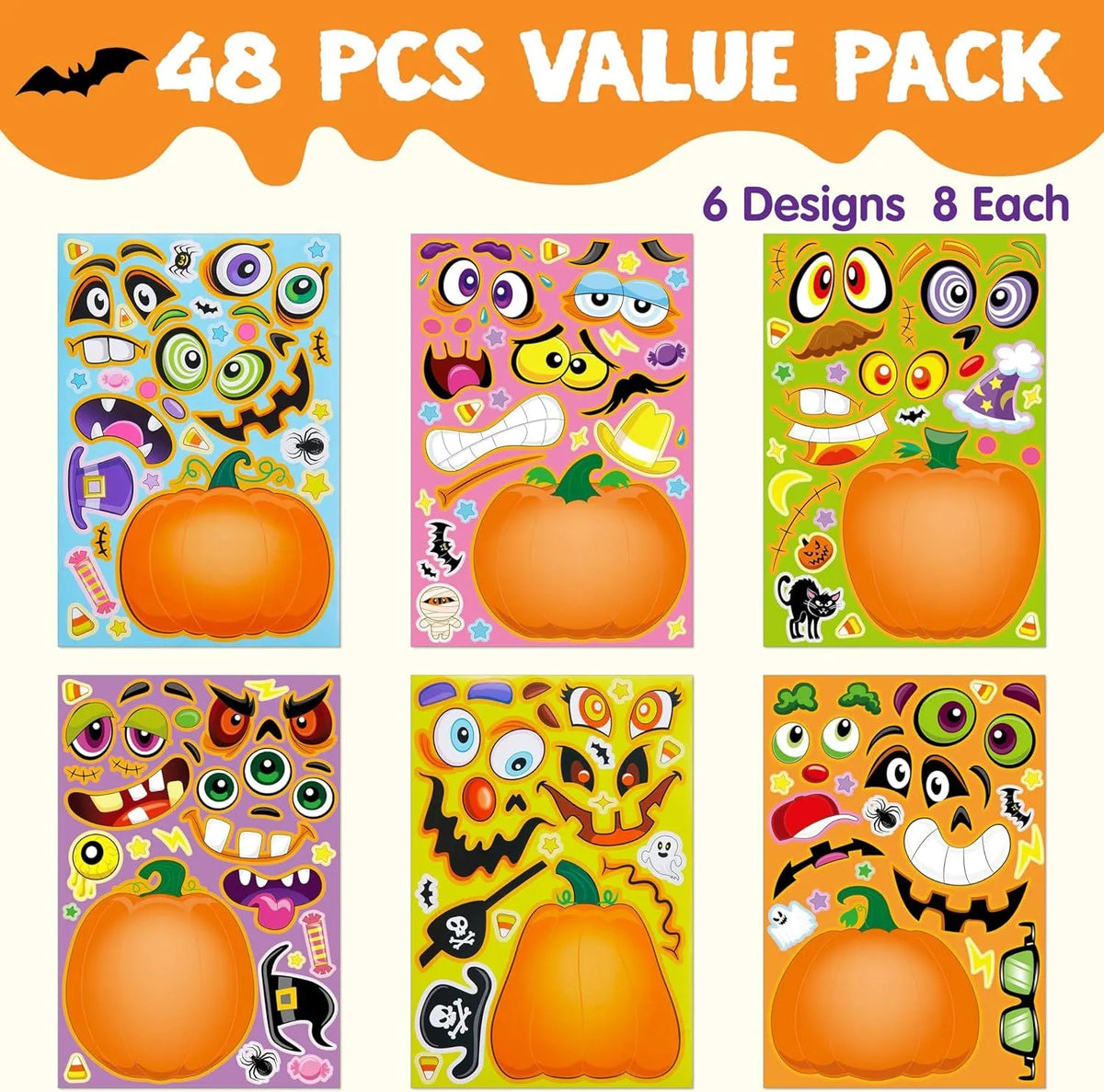 48PCS Halloween Pumpkin Make-a-Face Sticker Sheets
