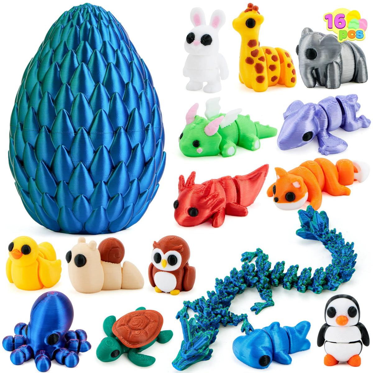 15 Pcs 3D Printed Articulated Fidget Toys, Mini Animals & Dragon Egg, Easter Party Favors for Kids