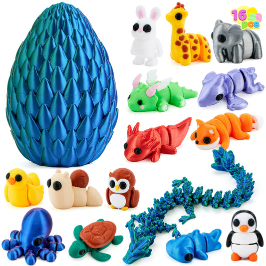 15 Pcs 3D Printed Articulated Fidget Toys, Mini Animals & Dragon Egg, Easter Party Favors for Kids