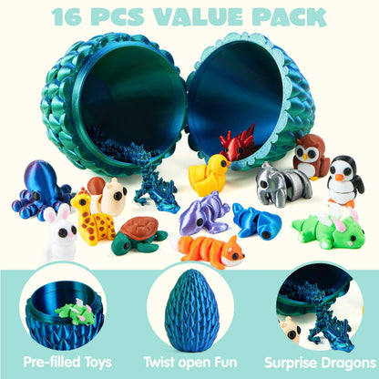 15 Pcs 3D Printed Articulated Fidget Toys, Mini Animals & Dragon Egg, Easter Party Favors for Kids