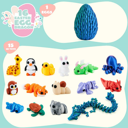 15 Pcs 3D Printed Articulated Fidget Toys, Mini Animals & Dragon Egg, Easter Party Favors for Kids