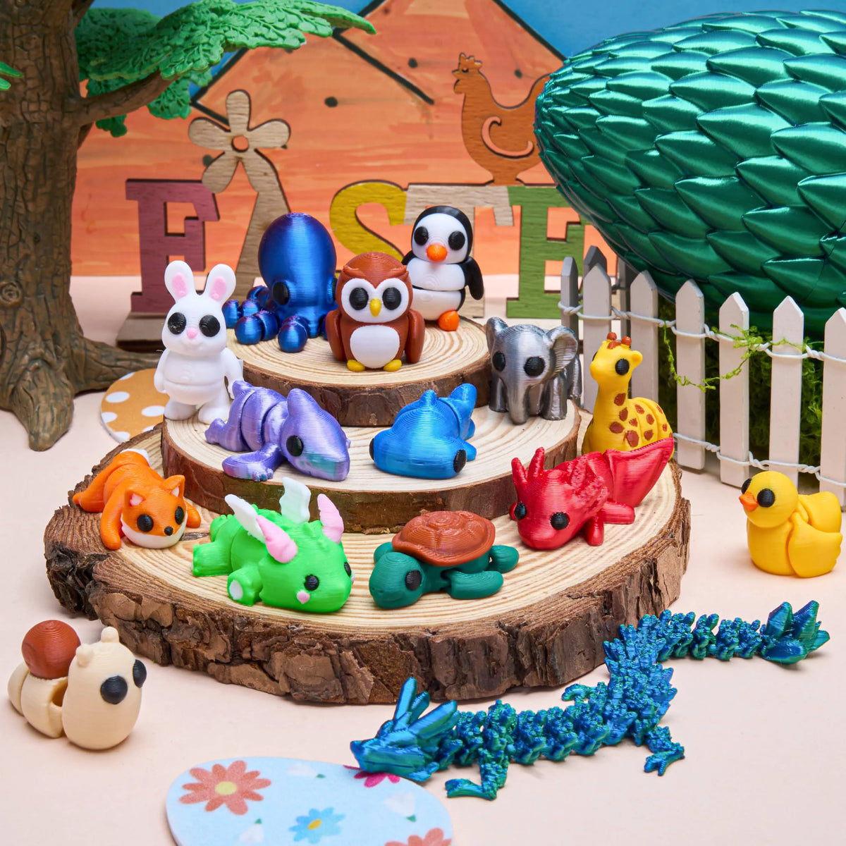 15 Pcs 3D Printed Articulated Fidget Toys, Mini Animals & Dragon Egg, Easter Party Favors for Kids