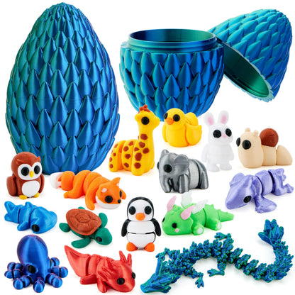 15 Pcs 3D Printed Articulated Fidget Toys, Mini Animals & Dragon Egg, Easter Party Favors for Kids