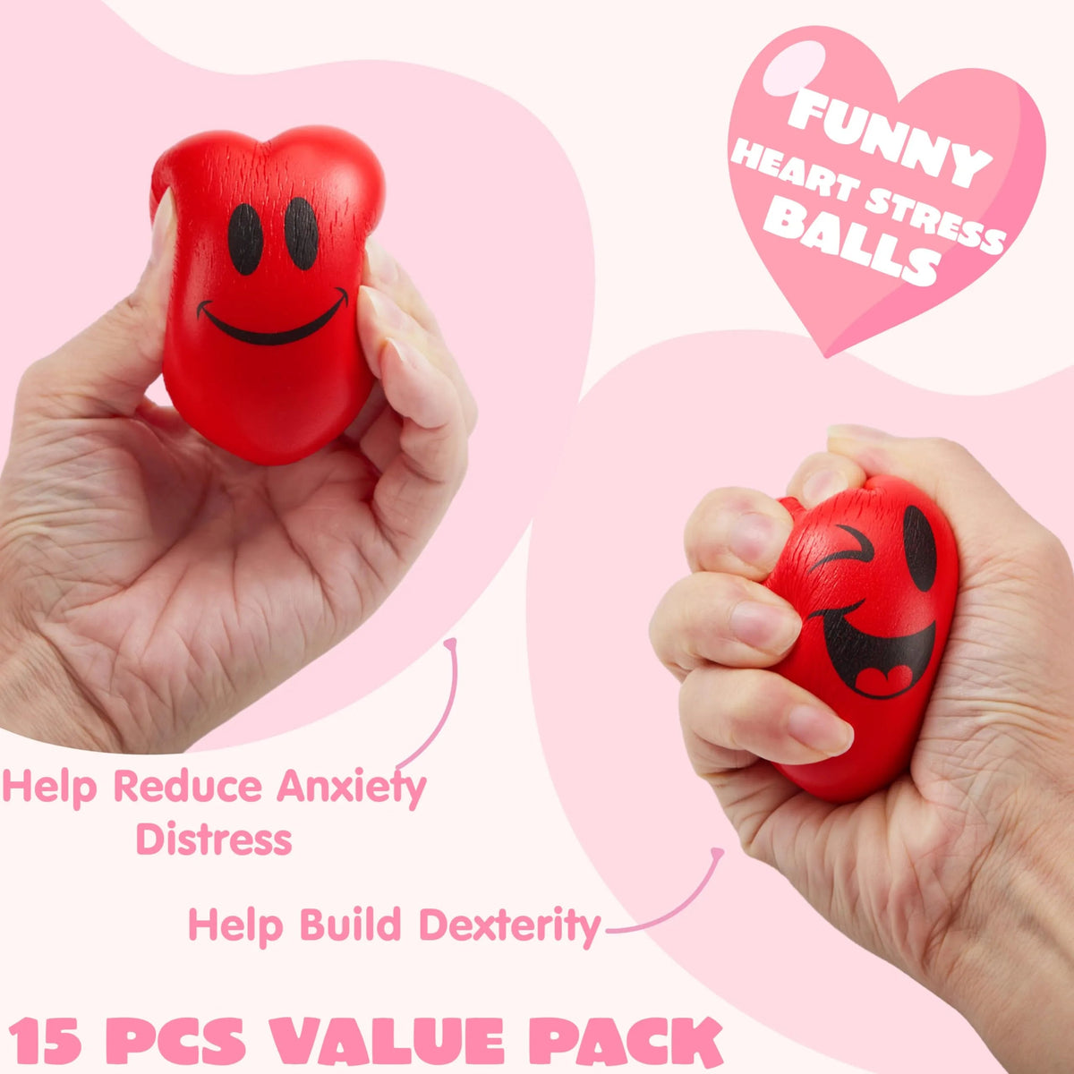 15-Pack Valentine's Day Heart-Shaped Happy Face Balls (3-Inch)