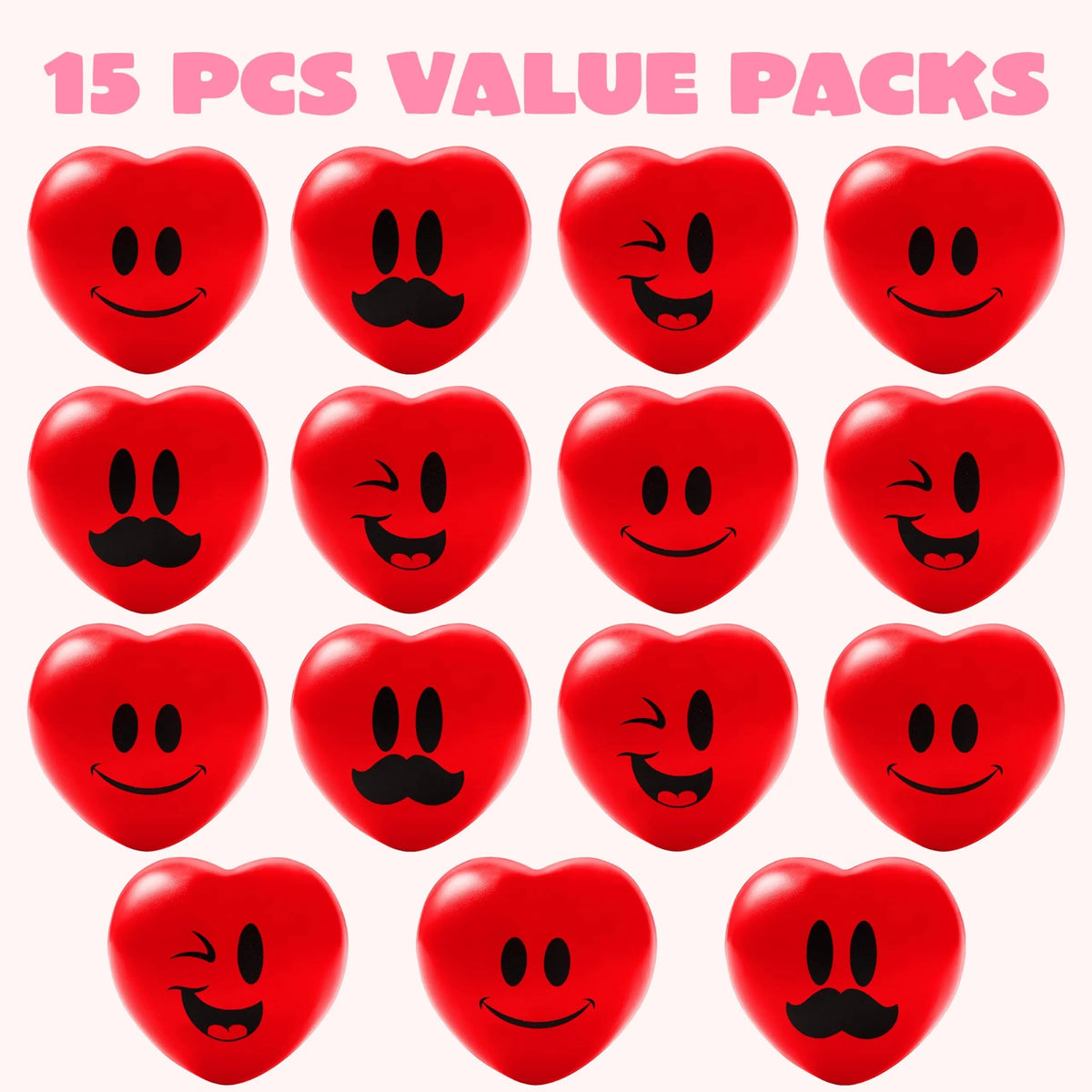 15-Pack Valentine's Day Heart-Shaped Happy Face Balls (3-Inch)