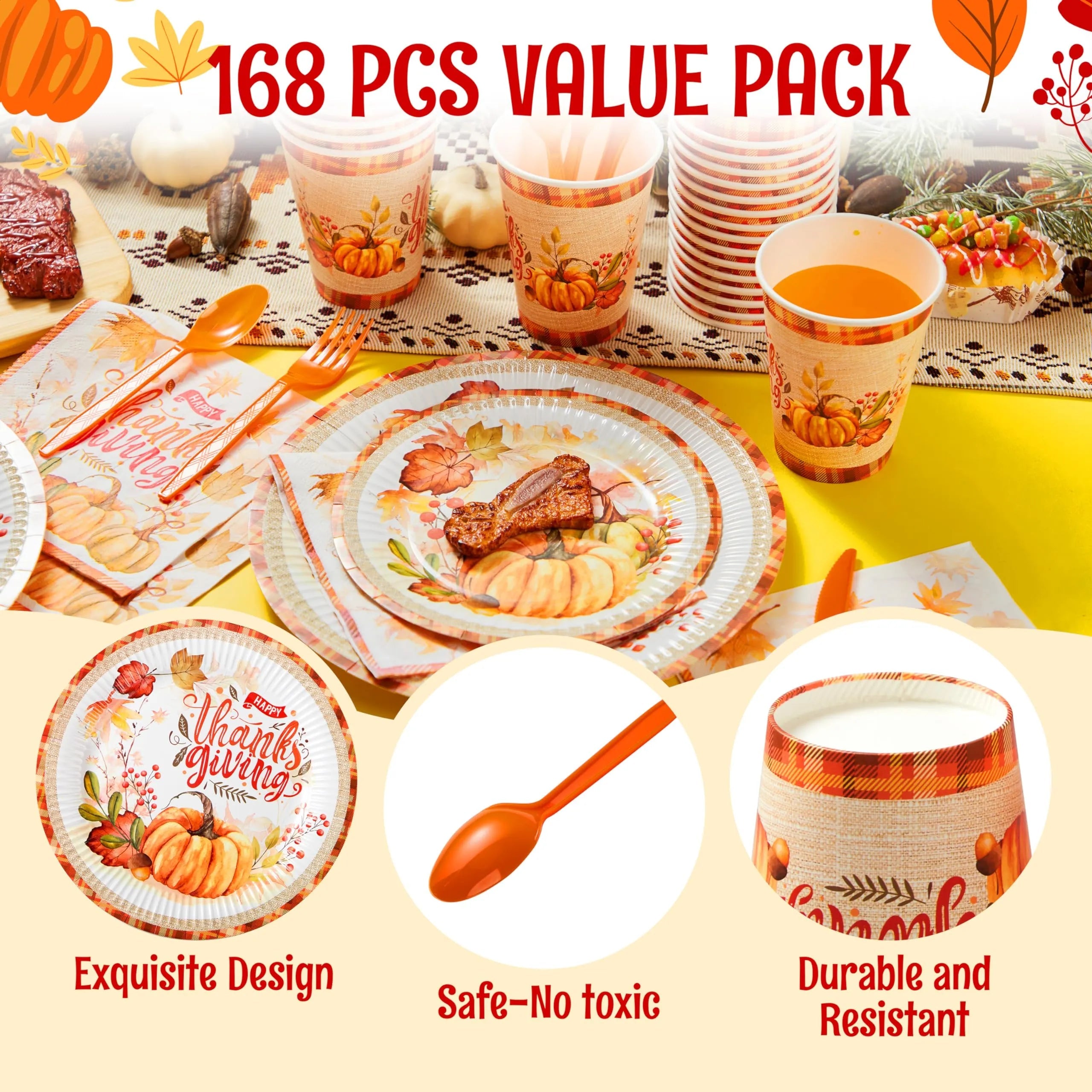 168-Piece Thanksgiving Disposable Paper Dinnerware Set