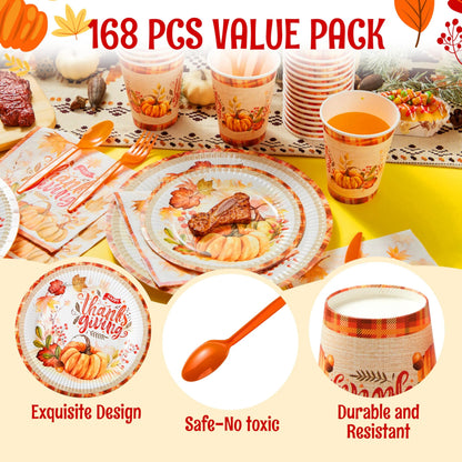 168-Piece Thanksgiving Disposable Paper Dinnerware Set