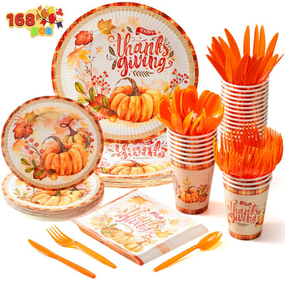 168-Piece Thanksgiving Disposable Paper Dinnerware Set