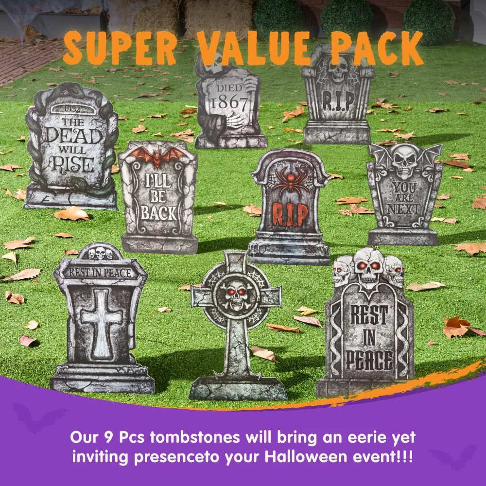 16" Halloween Tombstones Decorations, 9 Pcs