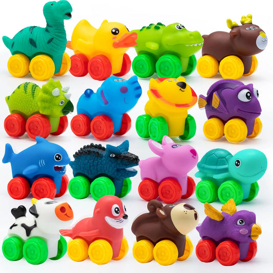 16-Piece Animal Soft Rubber Car Set - Baby Mini Bath Toy Cars