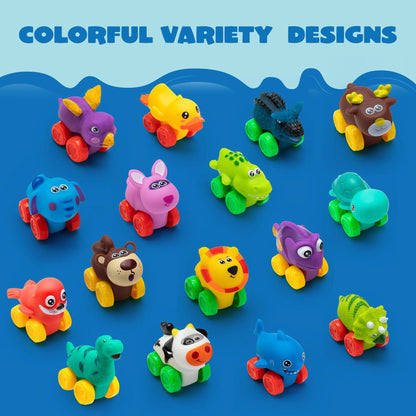 16-Piece Animal Soft Rubber Car Set - Baby Mini Bath Toy Cars