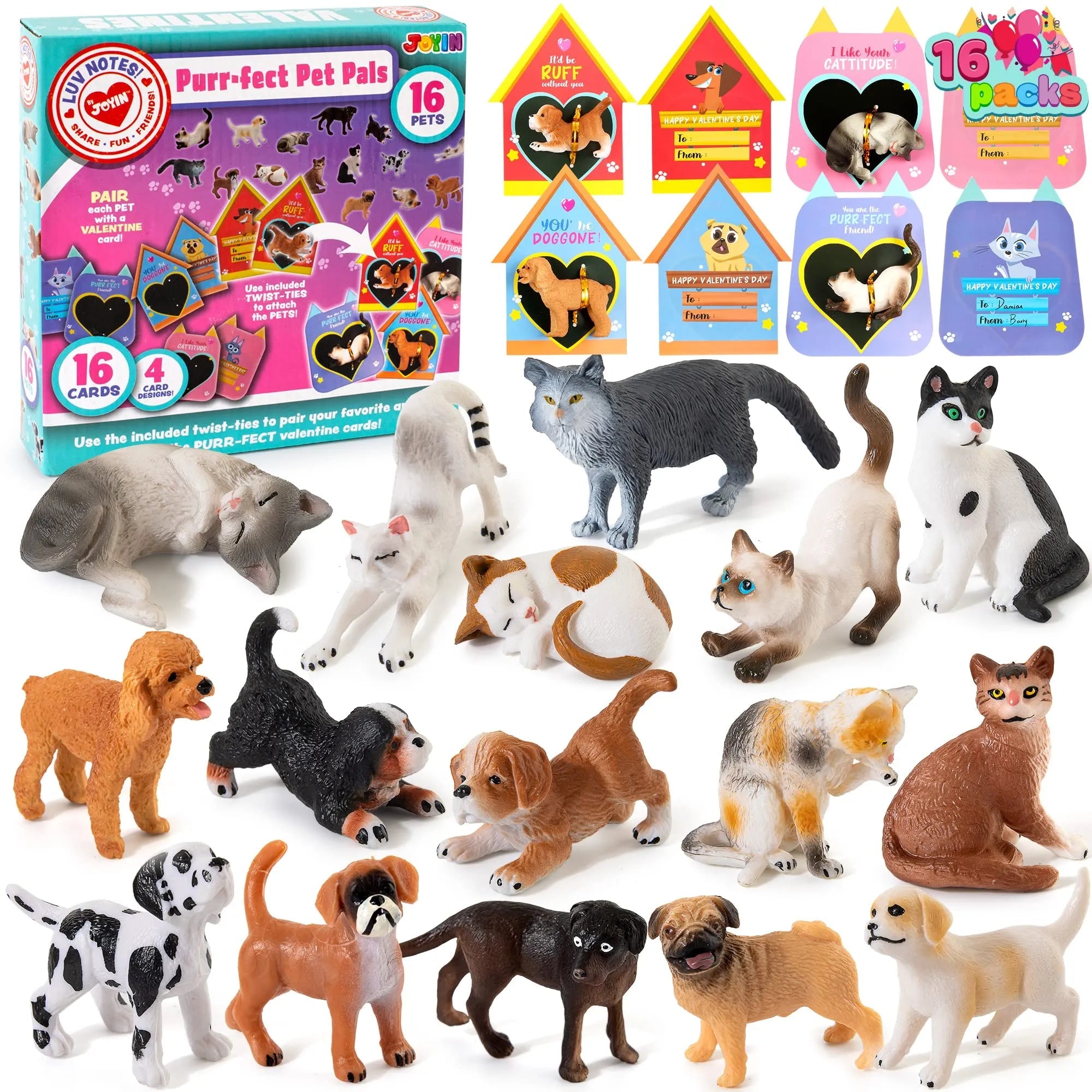 16-Pack Kids Valentine's Day Cards with Dog and Cat Figurine Toys for Classroom Exchange