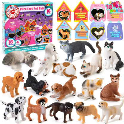 16-Pack Kids Valentine's Day Cards with Dog and Cat Figurine Toys for Classroom Exchange