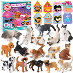 16-Pack Kids Valentine's Day Cards with Dog and Cat Figurine Toys for Classroom Exchange