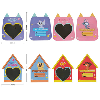 16-Pack Kids Valentine's Day Cards with Dog and Cat Figurine Toys for Classroom Exchange