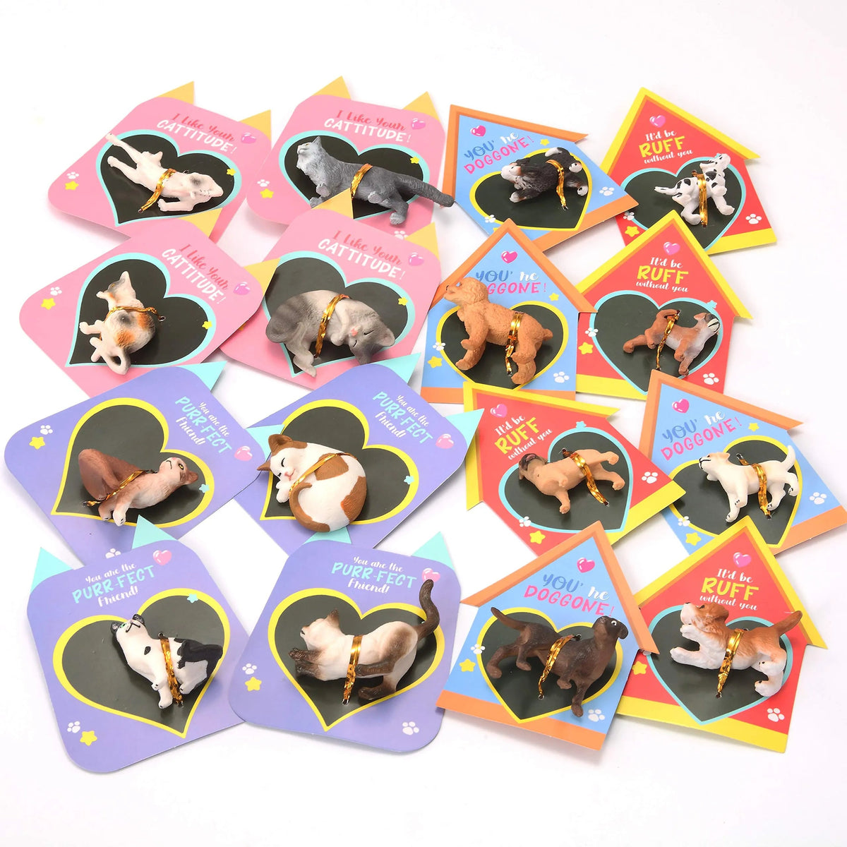 16-Pack Kids Valentine's Day Cards with Dog and Cat Figurine Toys for Classroom Exchange