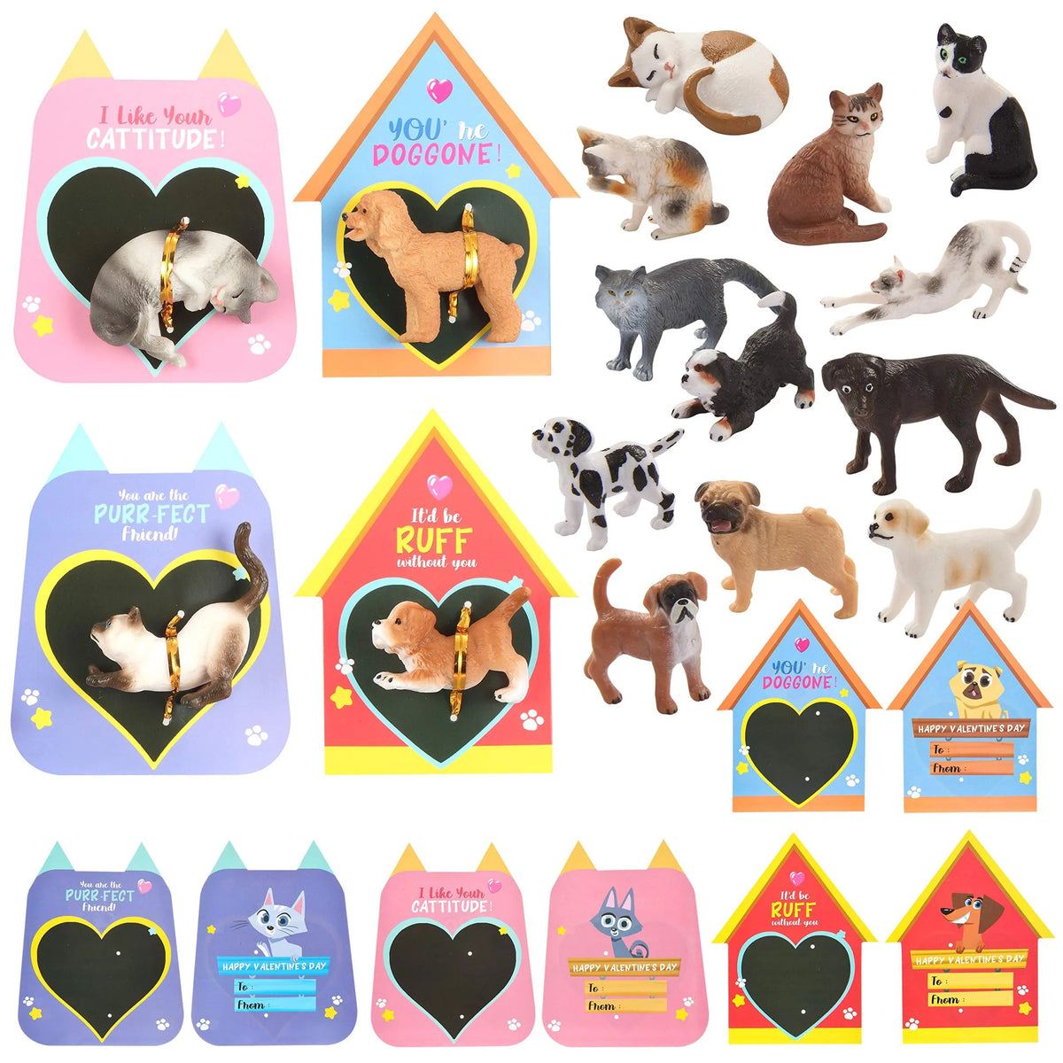 16-Pack Kids Valentine's Day Cards with Dog and Cat Figurine Toys for Classroom Exchange