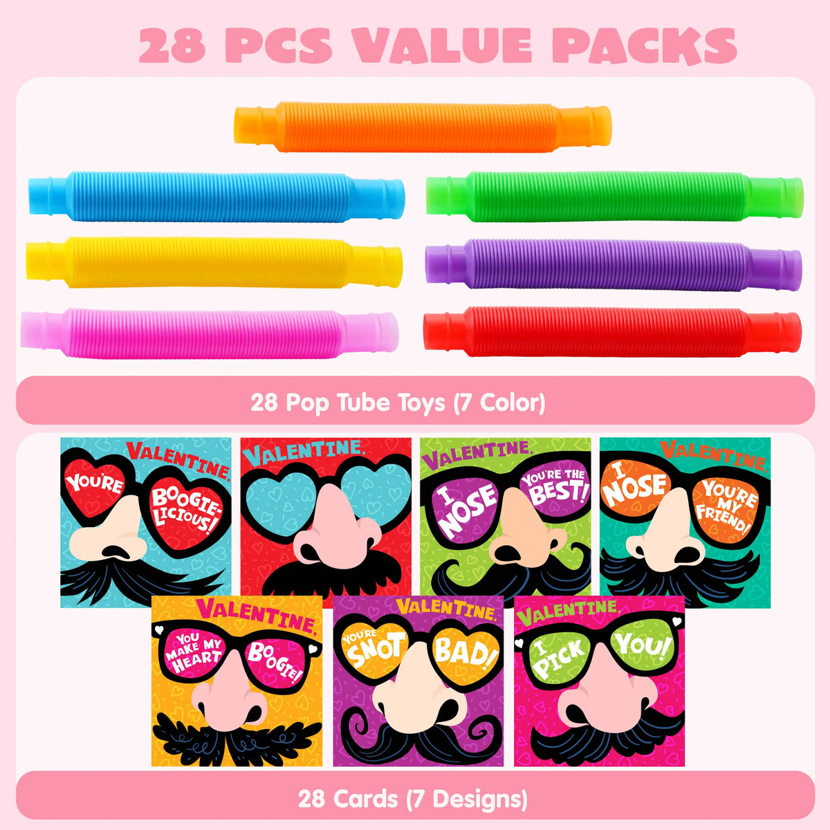 28 Packs Nose Picking Valentine's Day Cards with Pop Tubes for Kids